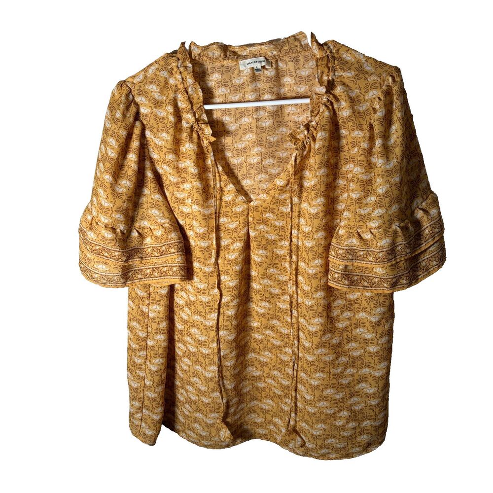 Max Studio Blouse Women's Large Yellow V-Neck Short Sleeve Ruffle Tie Casual
